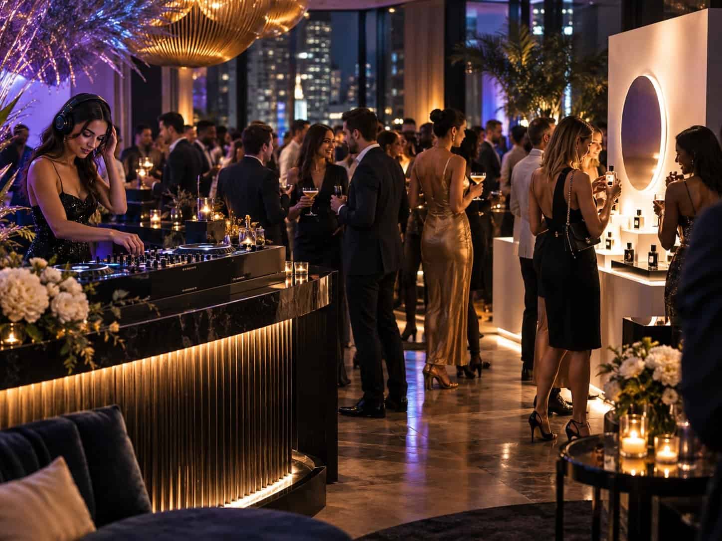 DJ performing at a premium brand activation with guests and product display