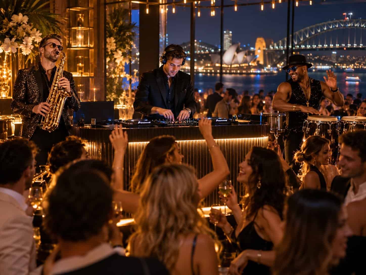 DJ performing with saxophonist and percussionist at a live venue event